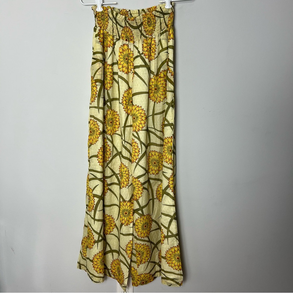Wu’Side Wide Leg Floral Yellow Pants Cotton Flowy High Rise Elastic Waist 206
